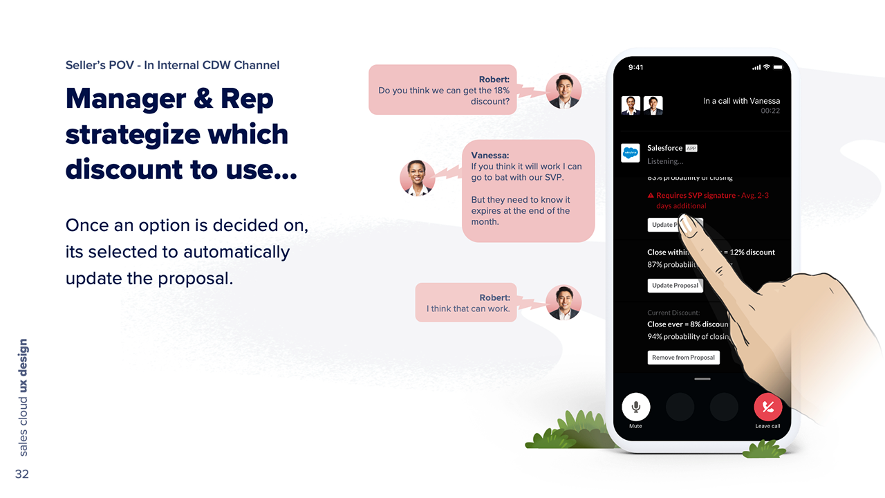 Manager and rep talk through which discount to use and select one, which updates the proposal automatically.